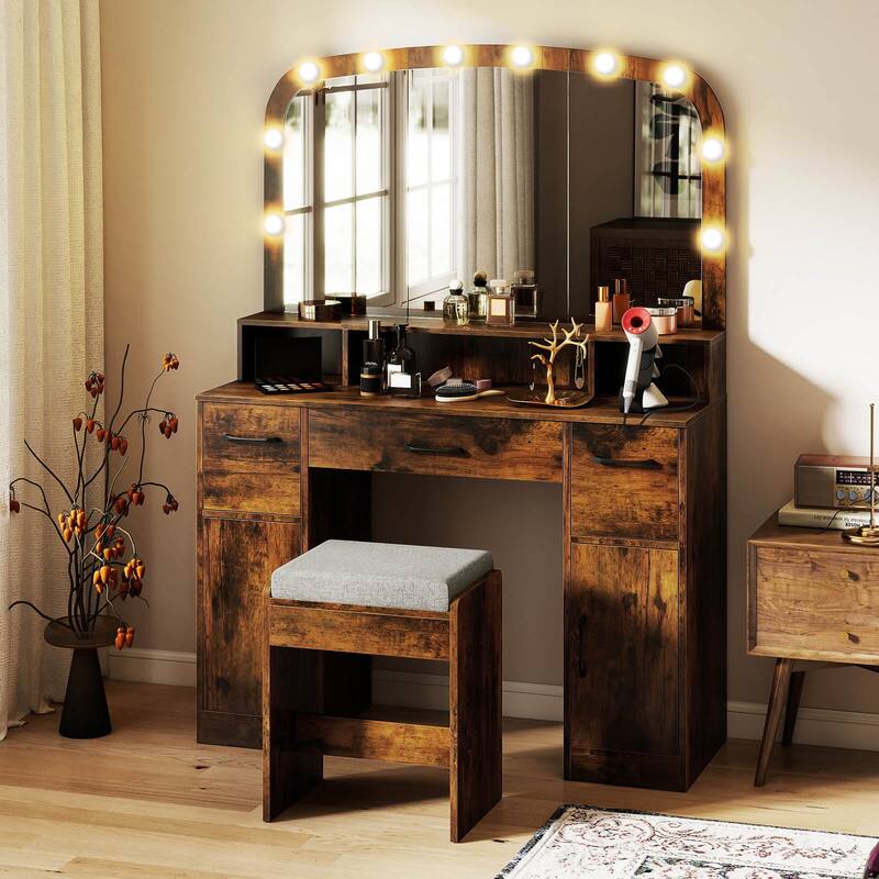 Costway Vanity Desk Makeup Table with with Stool Large Mirror 3-Color - See Details - Brown