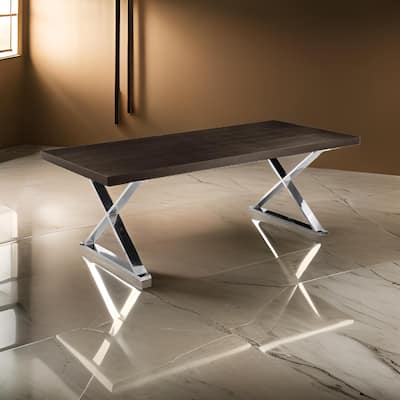Rix 87 Inch Dining Table, Espresso Brown Wood Top, X Chrome Steel Legs