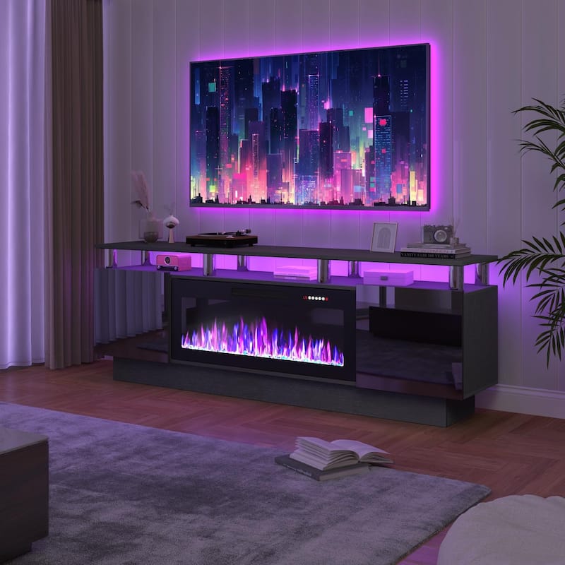 BOSSIN 70" Modern Electric Fireplace TV Stand, with Electronic Flame and LED Lights, High Gloss Finish Entertainment Center