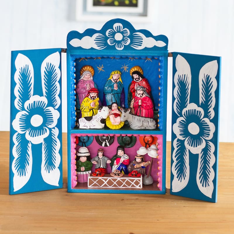 Novica Handmade Blue Andean Christmas Wood Retablo