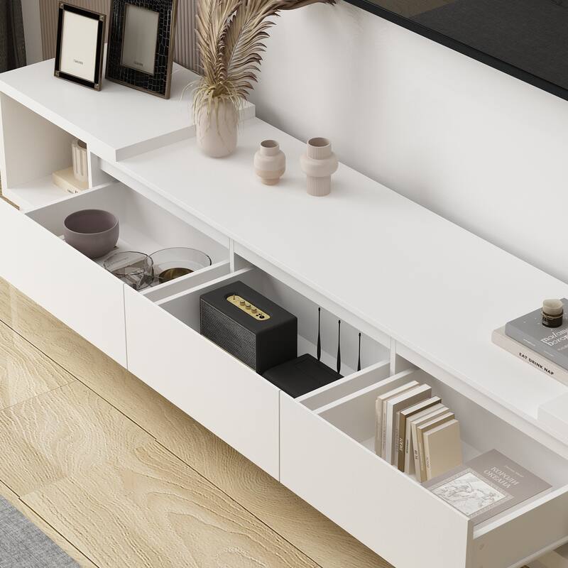 Modern Style Extendable TV Stand with 3Drawer White/Black 65.4"-106.3" Entertainment Center Table