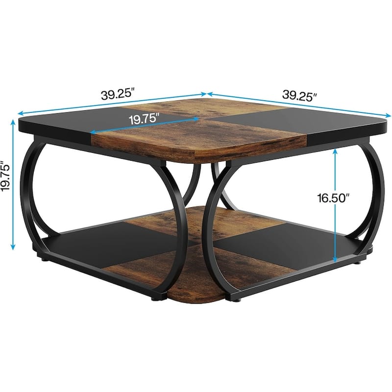 40" Square 2-Tier Coffee Table, Farmhouse Table with Wood Storage Shelf for Modern Living Room