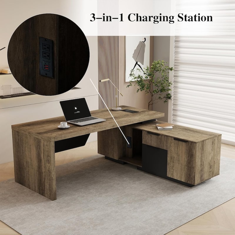 WESOME Retractable L-Shaped Executive Desk with Cable Management Drawers and Lateral File Cabinet