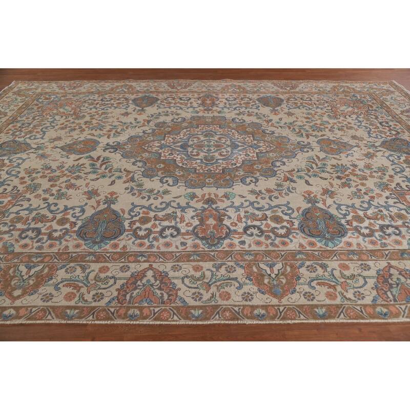 Hand Knotted Oriental 100% Wool Carpet Traditional Floral Beige & Ivories Tabriz Area Rug - 12' 9'' X 9' 9''