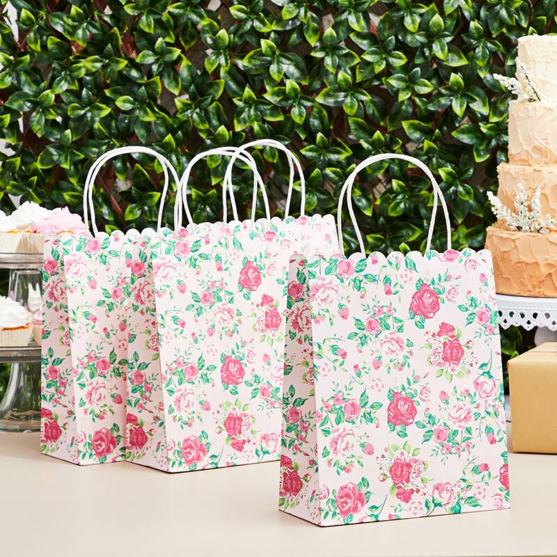 Blue Panda 24 Pack Medium Floral Gift Bags with Handles for Birthday Party Present 10x8x4"