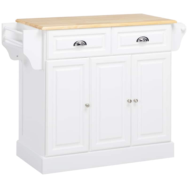 Kitchen Island with Storage, Rolling Kitchen Serving Cart with Rubber Wood Top, Storage Drawer and Cabinet