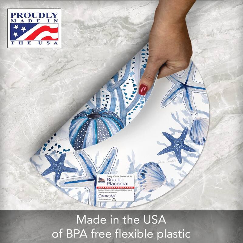 Wipe-Clean Reversible Round Shaped Placemats, Indigo Coastal, Set of 4, Made in The USA