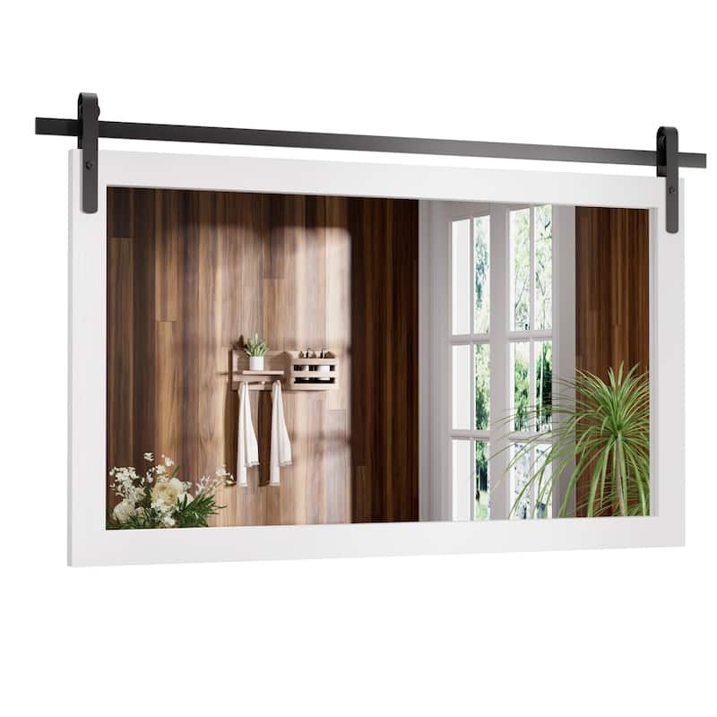 Rustic Farmhouse Mirror Vanity Mirror Solid Wood Frame with Metal Barn Style Mirror - 40 * 26 Inches - White