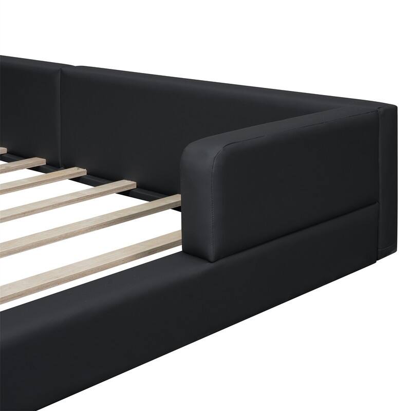 Upholstered Platform Bed with 2 Bulit-in Reading Lights, Queen Size PU Bed Frame Floor Bed with Button Tufted Design Headboard