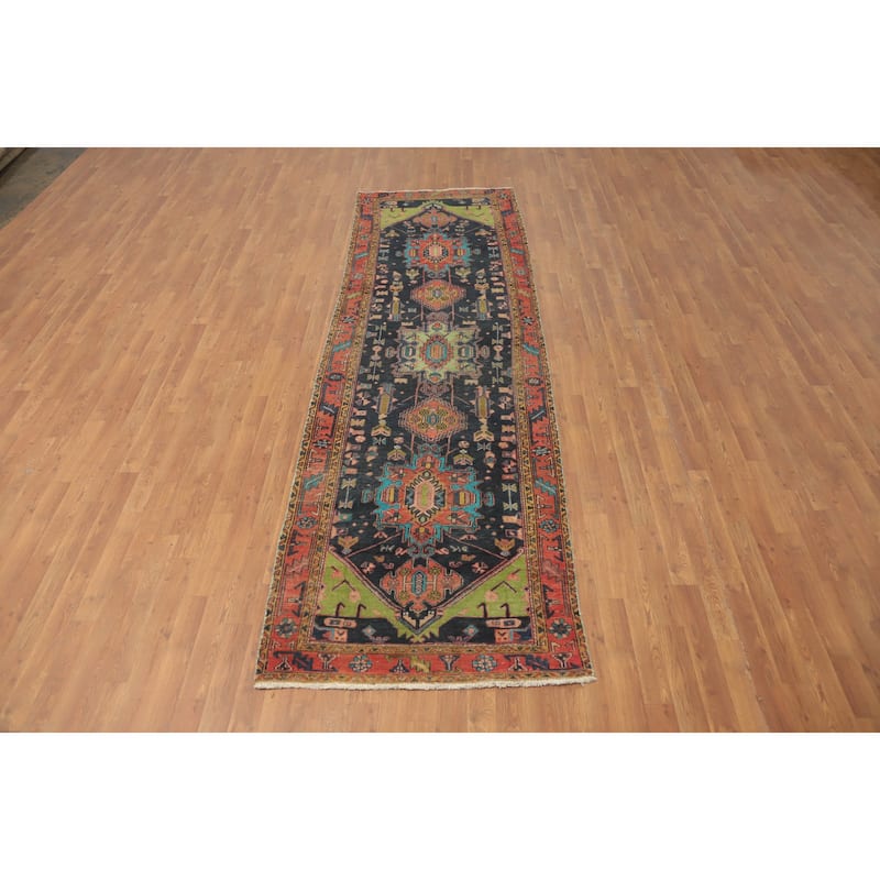 Hand Knotted Oriental 100% Wool Carpet Traditional Geometric Navy Blue & Blues Tabriz Runner Rug - 10' 11'' X 3' 4''