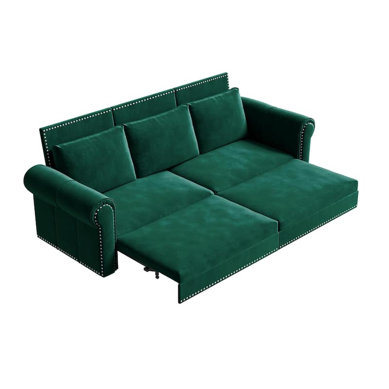 93.7" King Pull Out Sofa Bed w/ Nailhead Trim & Rolled Arm for Living Room Bedroom - Green