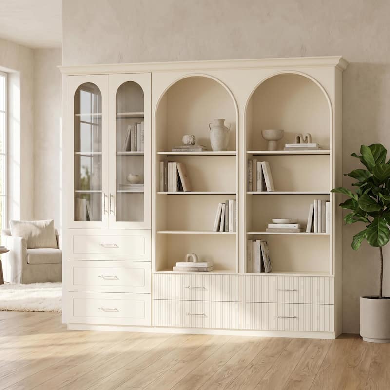 Modular Bookcase with LED Lights, Glass Door Storage Cabinet with Drawers, Large Display Shelving Unit Sideboard - 105.5"W(Combo)