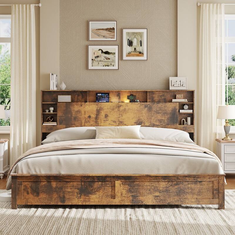 alazyhome Wooden Platform Storage Bed Frame with Charging Station, LED Lights & Bookcase - King