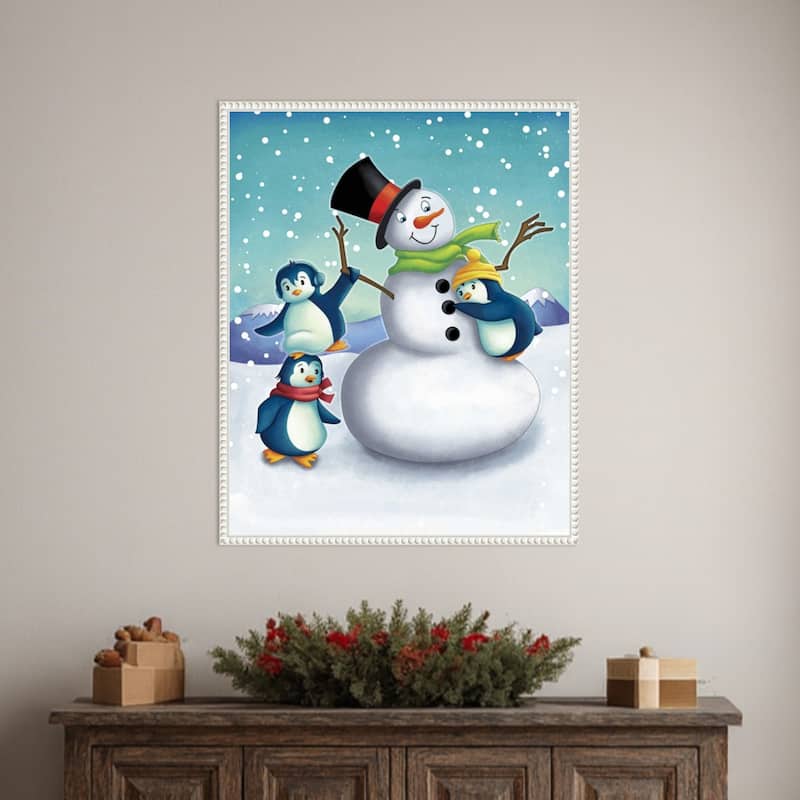 Joyful Snowman by Josefina (23 x 28 in.), Framed Canvas Wall Art Print - Sylvie Beaded White