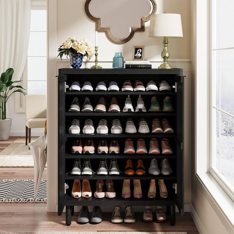 6-Tier Shoe Cabinet with Shutter Doors Adjustable Shelves Wooden Storage Cabinet for Entryway/Hallway/Closet/Living Room