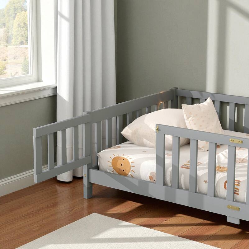 Twin Size Rubber Wood Floor Bed with Fence and Door, Montessori Platform Bed with Safety Guardrails for Kids