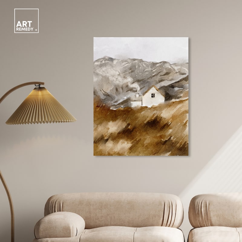 Art Remedy House In The Mountains Gallery Wrapped Landscape 1 Piece Canvas Wall Art Watercolor Style