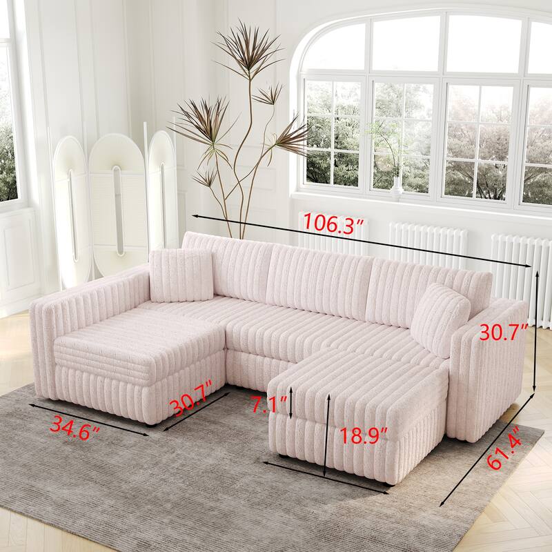 106.3" Soft U-shaped 4-Person Modular Sofa with Ottoman, Light Pink, Metal Frame