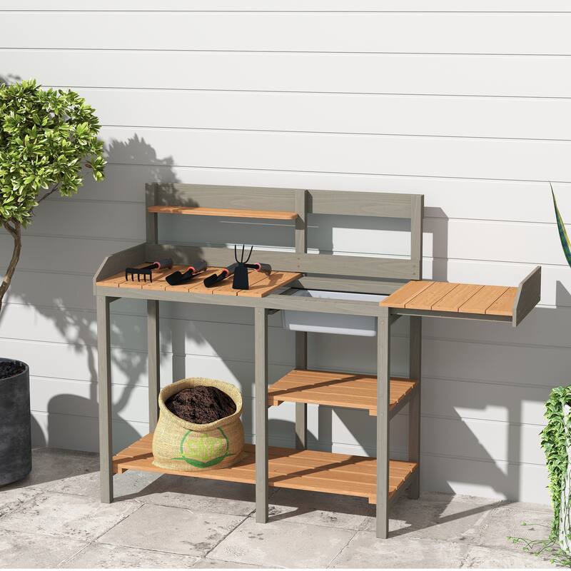 GDF Studio - Outdoor Solid Wood Potting Bench with Sink and Storage Garden Workstation - Grey