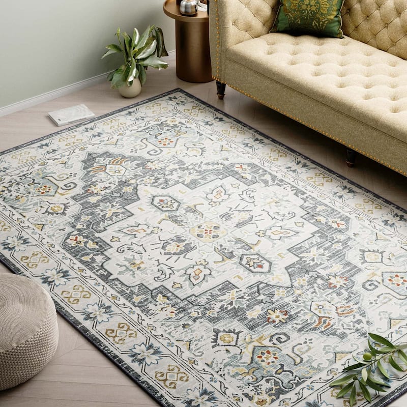 Non-Slip Machine Washable Grey Yellow Cream Multicolor Area Rug - Rectangle 5' x 8'