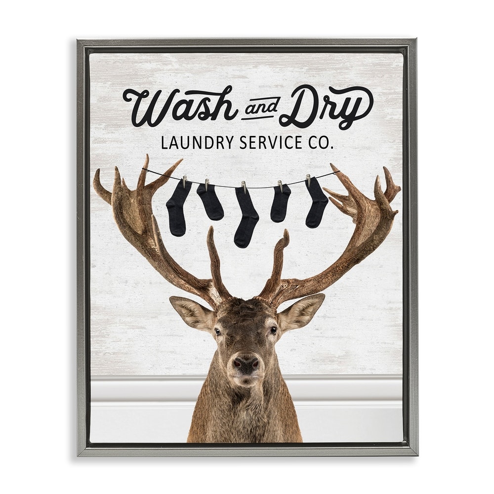 Stupell Vintage Laundry Elk Clothesline Framed Floater Canvas Wall Art Design By Lettered and Lined