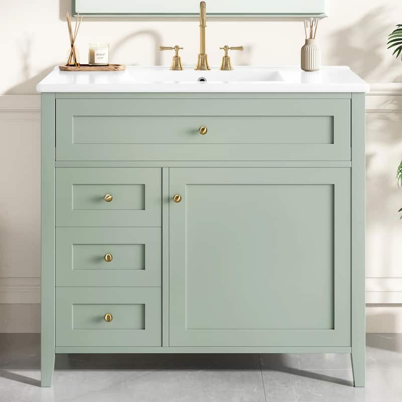 Bathroom Vanity with Sink, Modern MDF and Rubberwood Cabinet with 3 Drawers and Adjustable Shelf