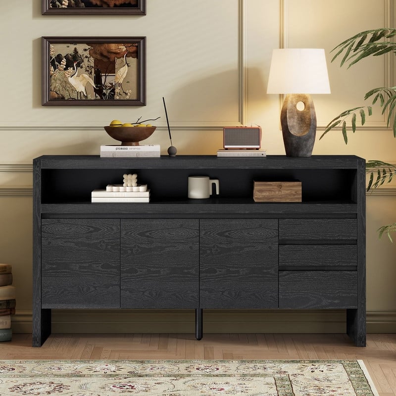 Modern 60" 3-Door Sideboard with 3 Drawers Solid Ash Veneer and Multi-Function Semi-Open Shelf