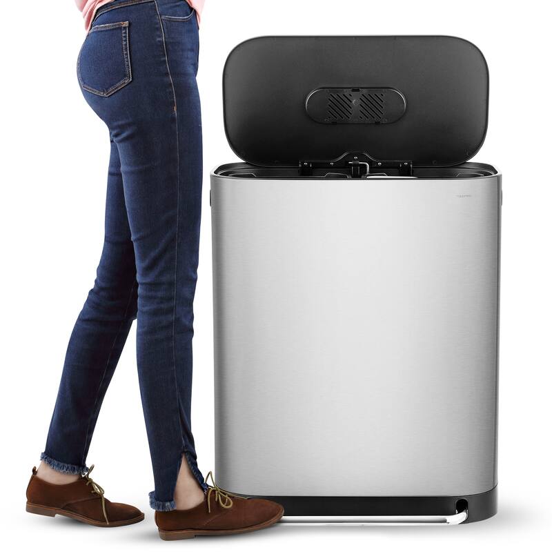 happimess Beni Kitchen Trash/Recycling 16-Gallon Double-Bucket Step-Open Trash Can, Chrome
