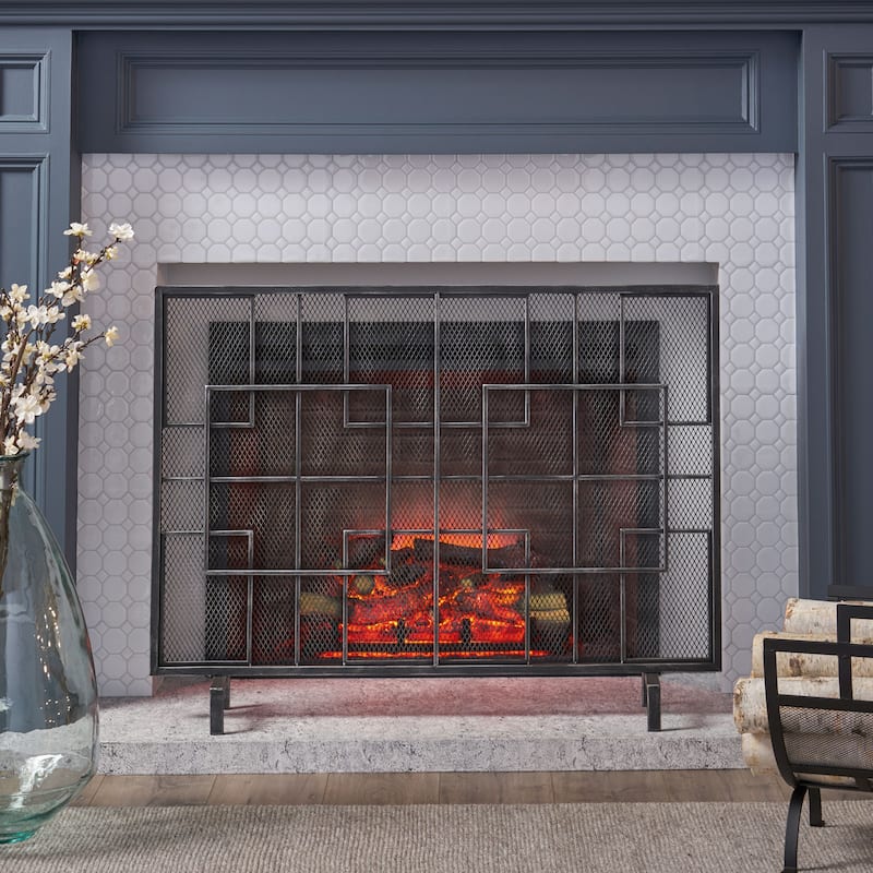 Contemporary Iron Fireplace Screen with Geometric Design - Black