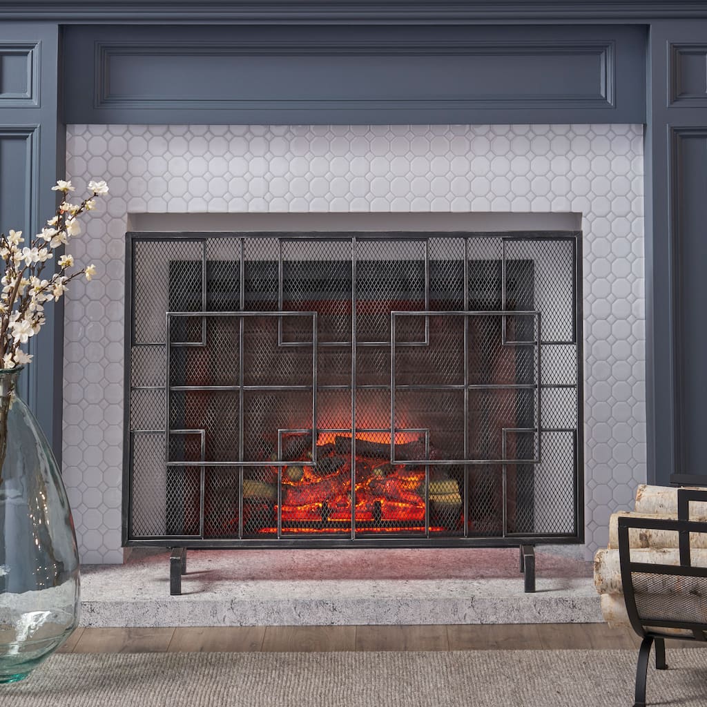 Roomfitters Modern Fireplace Screen, Geometric Single-Panel Design with Sturdy Mesh and Sleek Style, Black