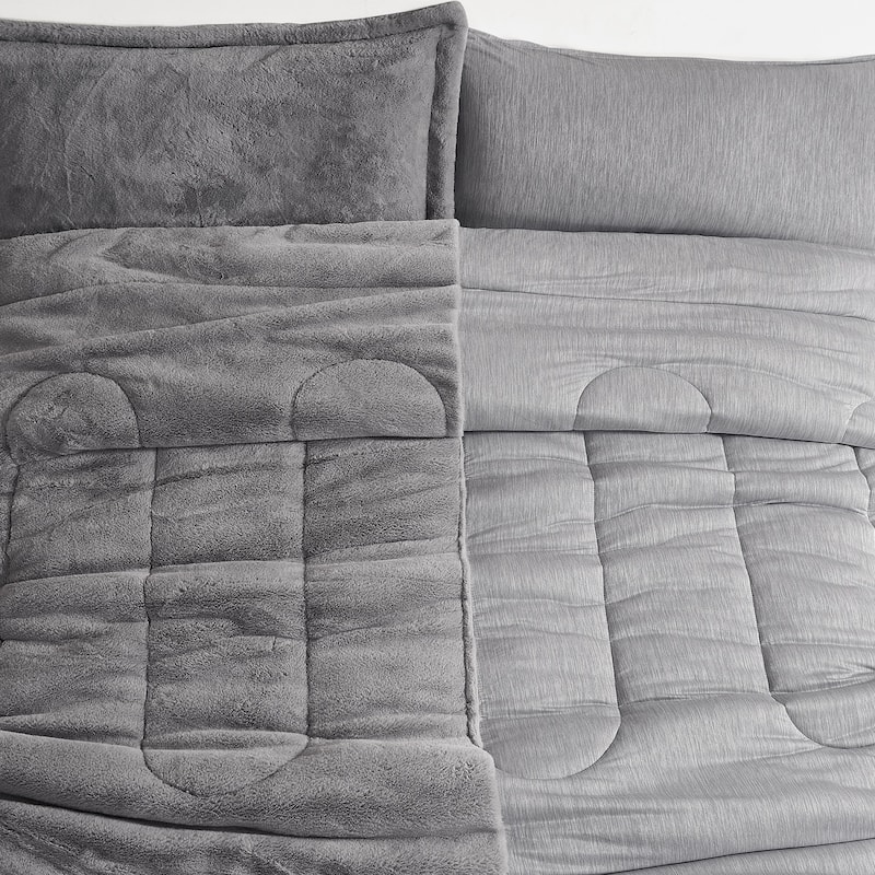 Opposites Attract® - Coma Inducer® Oversized Comforter Set - Plush Chartreux Gray + Cooling Silver Gray