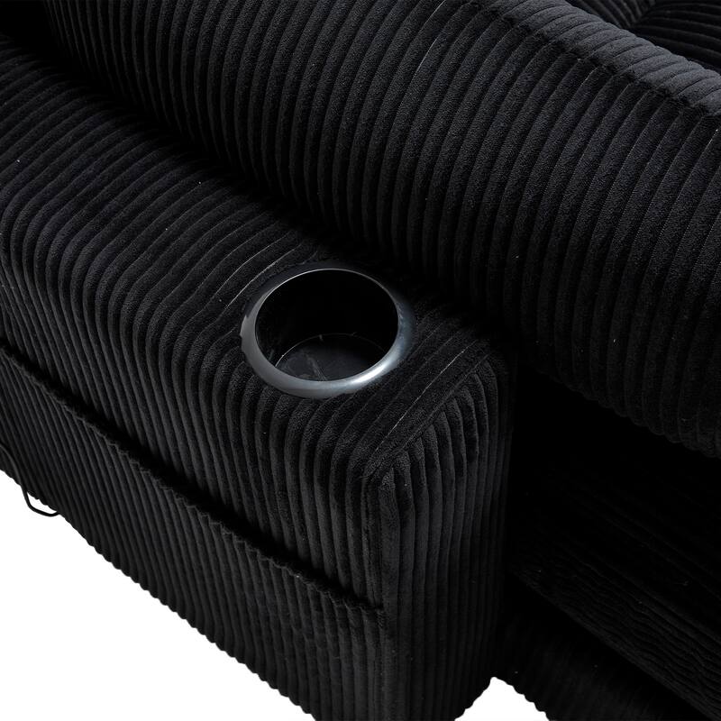 Oversized Corduroy Upholstered Single Chaise Lounge Sofa Couch Switchable Armrest with Cup Holders, USB Ports and Pockets