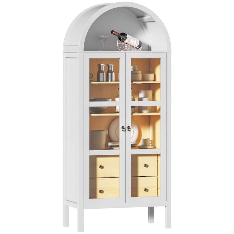 Modern Arched Cabinet with Glass Doors,72" Tall Arch Storage Cabinet with Height Adjustable Shelf and 2 Drawers Bookshelf - White Oak