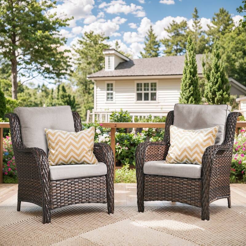 Gymojoy Outdoor Wicker Club Chairs Patio Seating with Olefin Weather-Resistant Cushions - Brown Wicker / Beige Cusion - 2-Piece