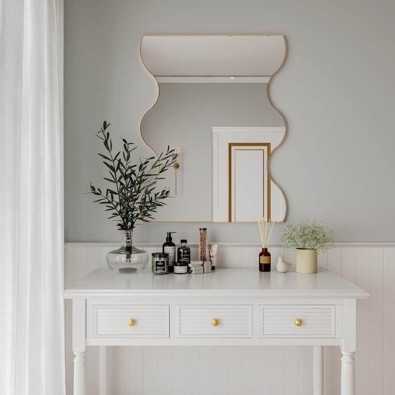 30x35 Inch Wall Mirror with Wavy Sides: Metal Framed Vanity and Dressing Mirror