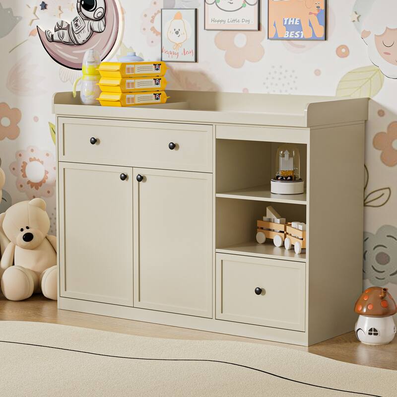 Changing Table Dresser with Drawers and Shelves - Beige