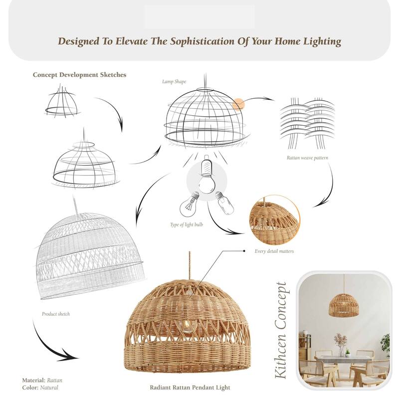 Radiant Rattan Pendant Light - Natural Dome 1-Light Handwoven Light Fixture For Modern, Transitional, Farmhouse Room Decor