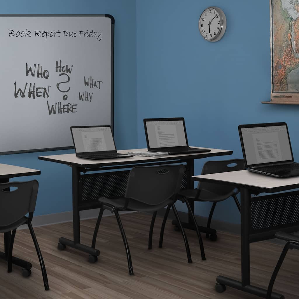 72" x 30" Flip Top Mobile Training Table with Modesty Panel- Maple and 2 "M" Stack Chairs- Black