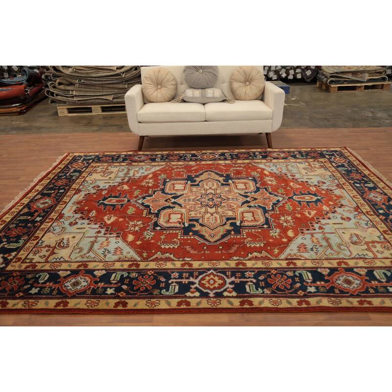 Hand Knotted Oriental 100% Wool Carpet Traditional Medallion Oranges & Rust Heriz (serapi) Area Rug - 9' 10'' X 8' 0''
