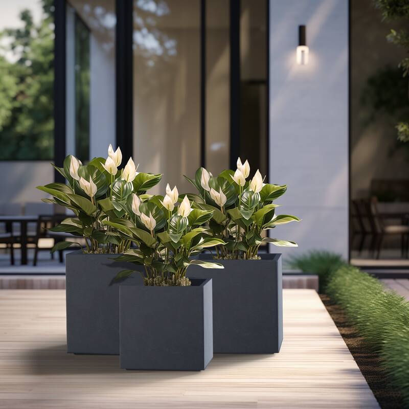 Tall Concrete Square Plant boxes / Large Indoor and Outdoor flower Planters - 3 Piece Set (10, 12, 16 Inch High) - Granite Gray
