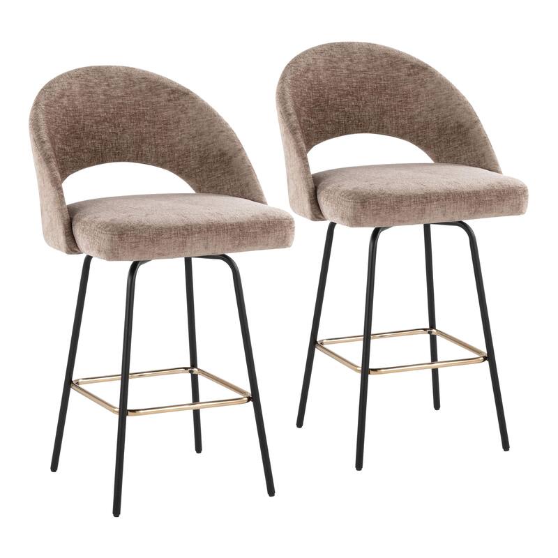 Porch & Den Vika Upholstered 26" Counter Stool with Metal Legs & Square Footrest (Set of 2) - Brown Fabric