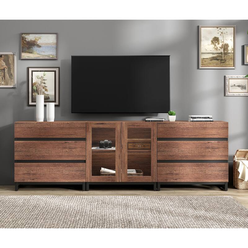 3 In 1 TV Stand for Tvs Up to 100 Inch, Modern TV Console with Glass Doors and 6 Drawers, Entertainment Center for Living Room