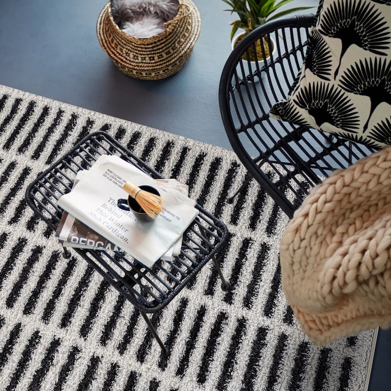 Bohemian Stripe Lines Shag Rug - Textured Surface - Anthracite Dark Gray - Easy to Clean