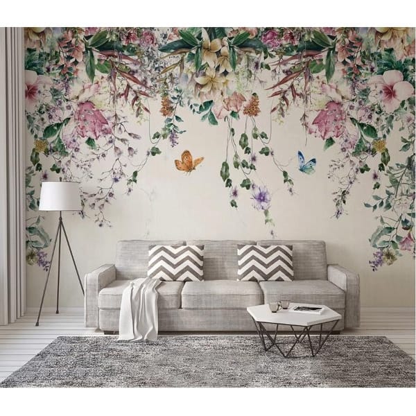 slide 1 of 4, Colorful Flowers and Leaves Floral Removable Textile Wallpaper