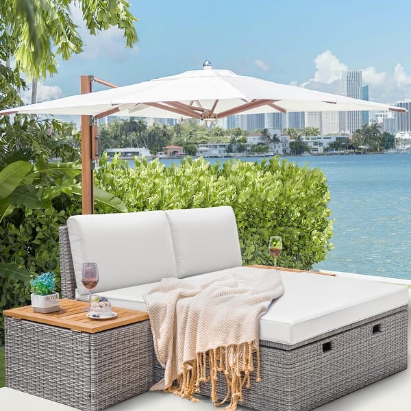 Furniwell Outdoor Daybed Patio Furniture Set Rattan Storage Conversation Set with Cushion and Side Table - White