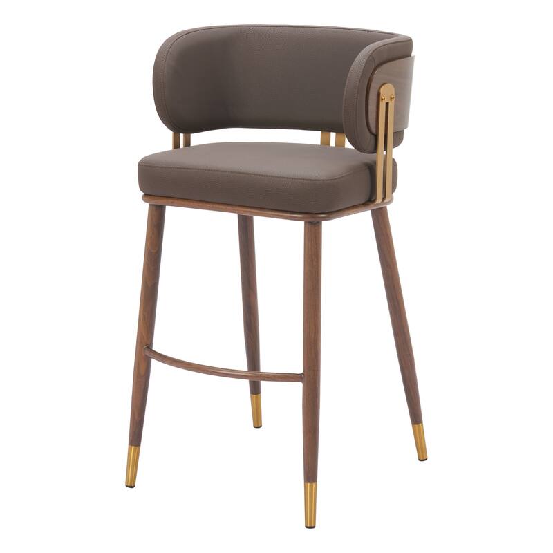 HomeRoots 30" Brown Gold and Walnut Steel and Faux Leather Low Back Bar Height Bar Chair