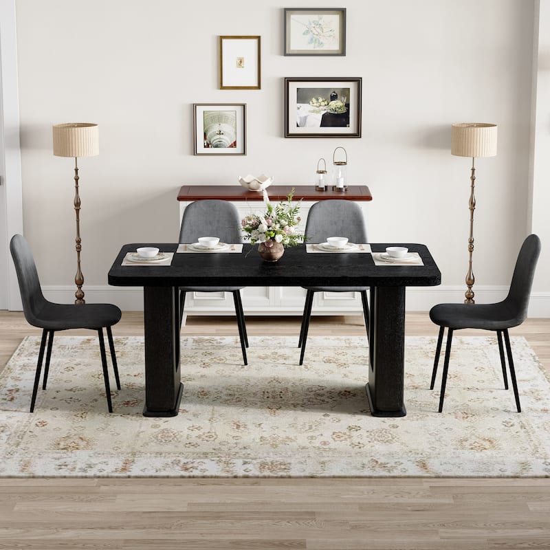 5-Piece Modern Dining Set, 64.5x35.4 Inch Textured Table & 4 High-Resilience Fabric Chairs with Metal Legs - Black,Dark Gray