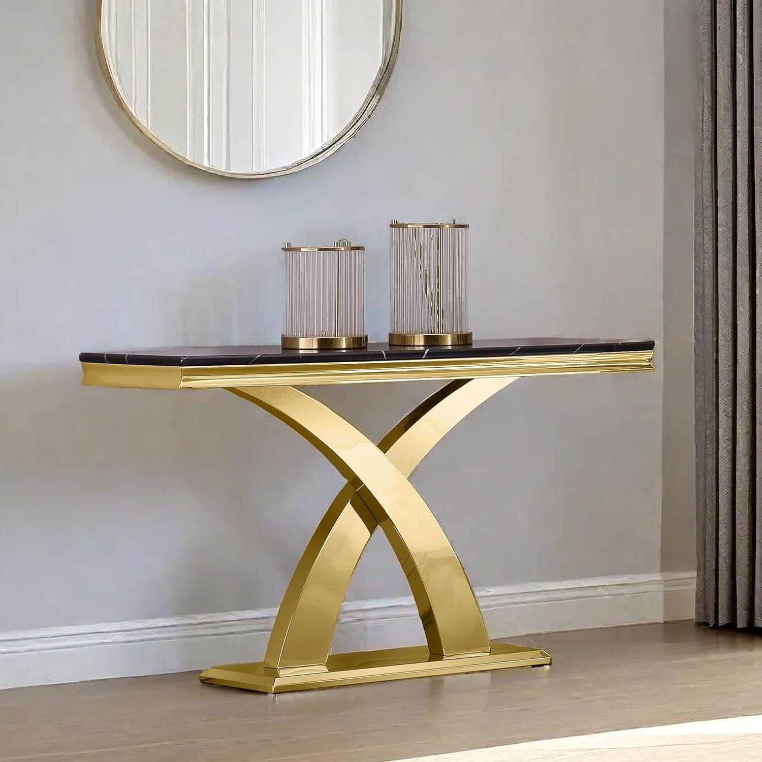 Black and Gold Console Table with Mirrored X Cross Metal Base