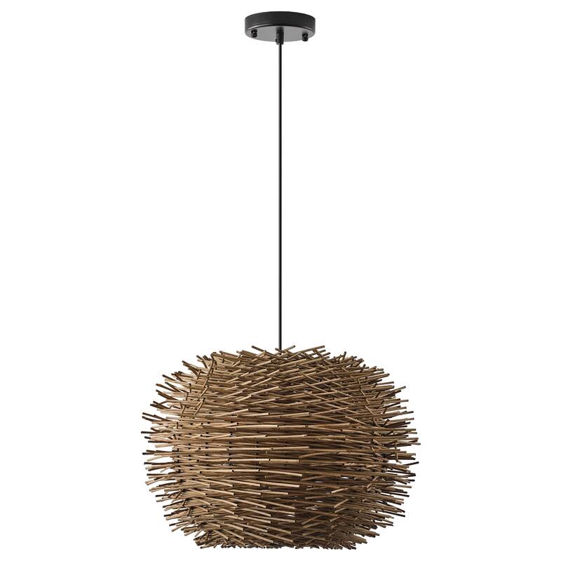 20-inch 1-Light Modern Natural Brown Hand-Woven Rattan Hanging Dining Room Chandelier - 18.89" W x 12.99" H