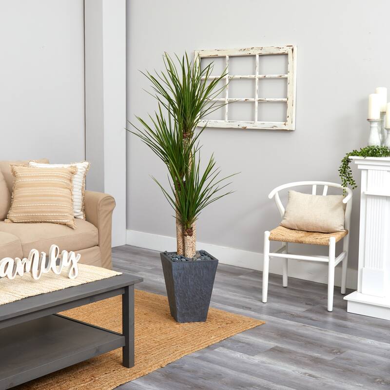 5.5ft Triple Stalk Yucca Artificial Plant with Green Leaves in Slate Planter for Modern Home Decor